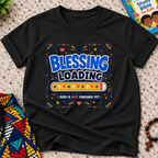 Blessing Loading Christian kids shirt in black featuring a colourful progress bar and God Is Not Finished Yet message

