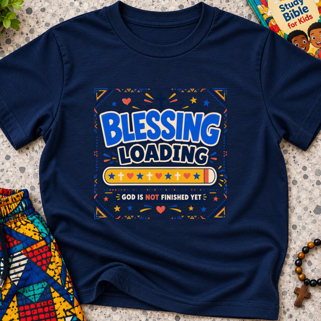 Blessing Loading Christian kids shirt in navy blue featuring a colourful progress bar and God Is Not Finished Yet message
