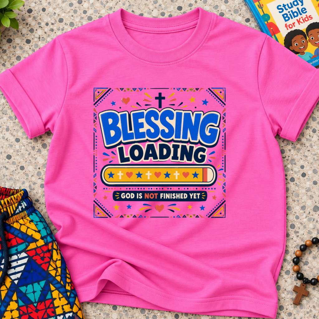 Blessing Loading Christian kids shirt in pink featuring a colourful progress bar and God Is Not Finished Yet message

