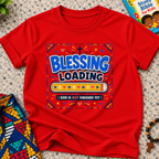 Blessing Loading Christian kids shirt in red featuring a colourful progress bar and God Is Not Finished Yet message
