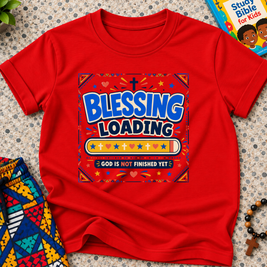 Blessing Loading Christian kids shirt in red featuring a colourful progress bar and God Is Not Finished Yet message
