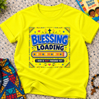 Blessing Loading Christian kids shirt in yellow featuring a colourful progress bar and God Is Not Finished Yet message
