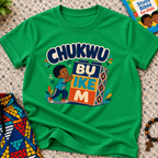 Chukwu Bụ Ike M Igbo Christian kids shirt in green featuring bold lettering and a child beside colourful blocks
