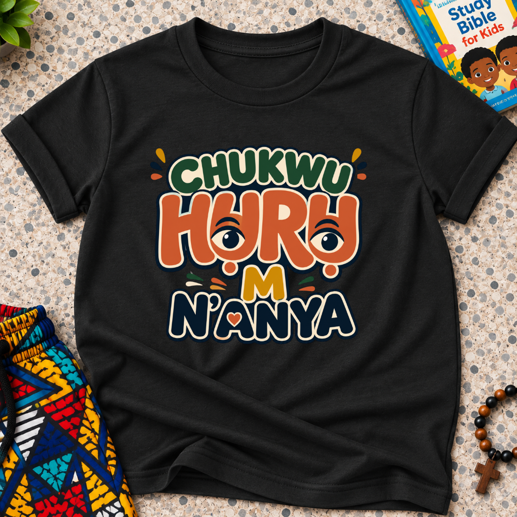 Chukwu Huru M N'anya Igbo Christian kids shirt in black featuring bold colourful lettering and decorative artwork
