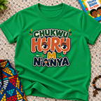 Chukwu Huru M N'anya Igbo Christian kids shirt in green featuring bold colourful lettering and decorative artwork
