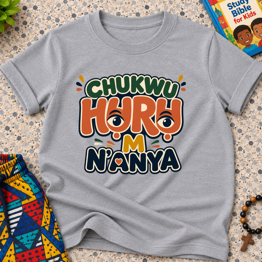 Chukwu Huru M N'anya Igbo Christian kids shirt in grey featuring bold colourful lettering and decorative artwork
