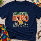 Chukwu Huru M N'anya Igbo Christian kids shirt in navy blue featuring bold colourful lettering and decorative artwork
