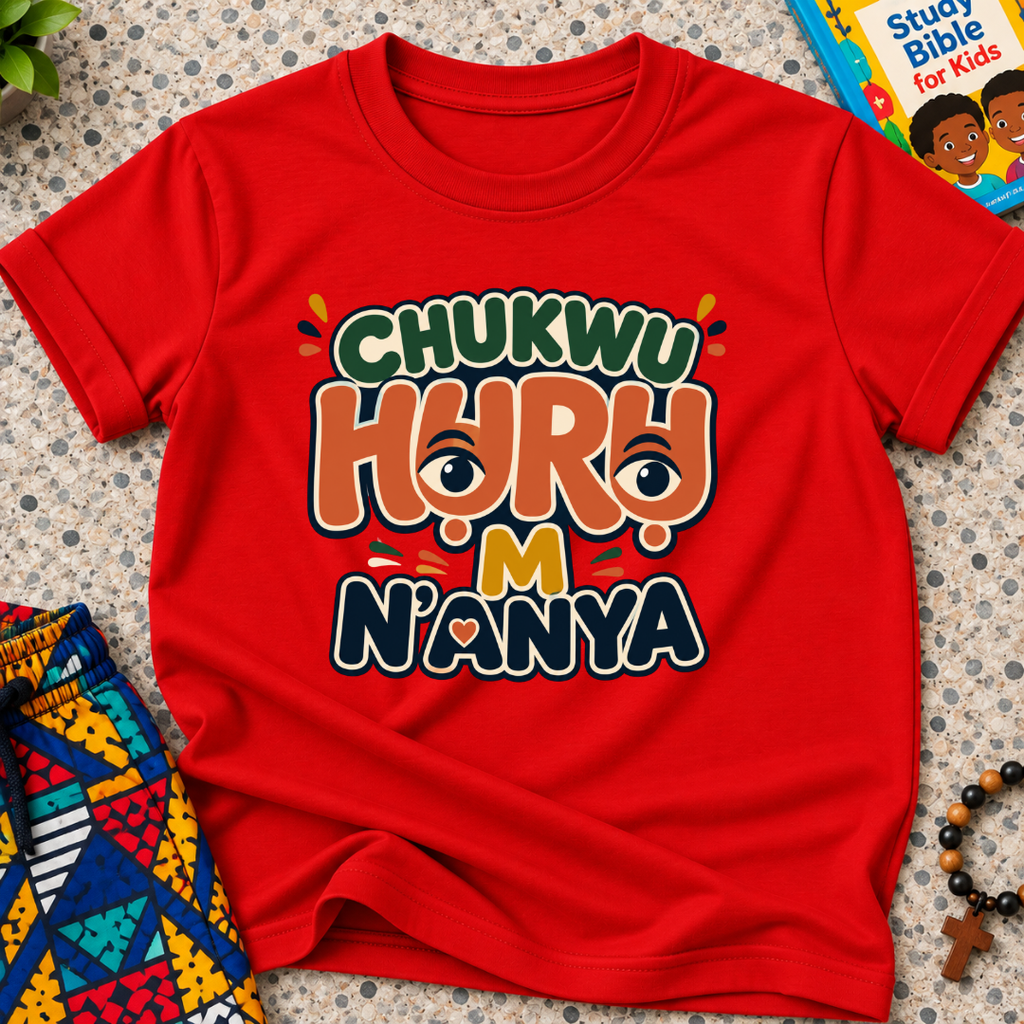 Chukwu Huru M N'anya Igbo Christian kids shirt in red featuring bold colourful lettering and decorative artwork
