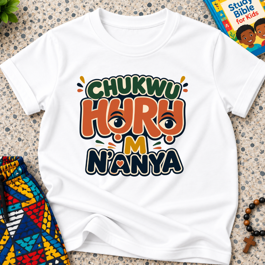 Chukwu Huru M N'anya Igbo Christian kids shirt in white featuring bold colourful lettering and decorative artwork
