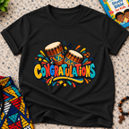 Congratulations Christian kids shirt in black featuring colourful lettering and traditional Nigerian drums