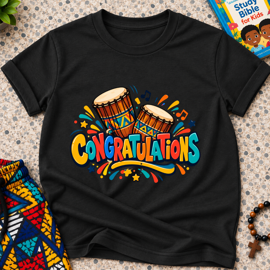 Congratulations Christian kids shirt in black featuring colourful lettering and traditional Nigerian drums