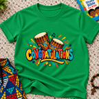 Congratulations Christian kids shirt in green featuring colourful lettering and traditional Nigerian drums