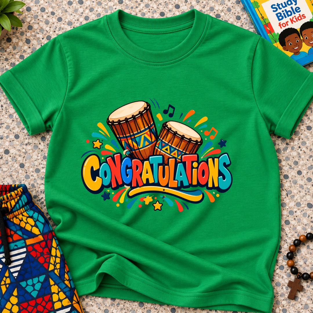 Congratulations Christian kids shirt in green featuring colourful lettering and traditional Nigerian drums