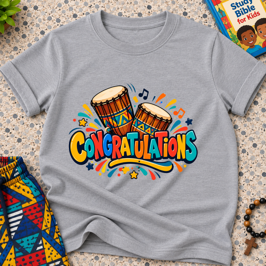 Congratulations Christian kids shirt in grey featuring colourful lettering and traditional Nigerian drums