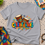 Congratulations Christian kids shirt in grey featuring colourful lettering and traditional Nigerian drums