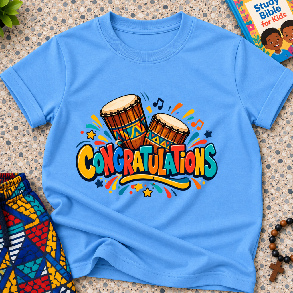 Congratulations Christian kids shirt in light blue featuring colourful lettering and traditional Nigerian drums