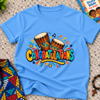 Congratulations Christian kids shirt in light blue featuring colourful lettering and traditional Nigerian drums