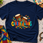 Congratulations Christian kids shirt in navy blue featuring colourful lettering and traditional Nigerian drums