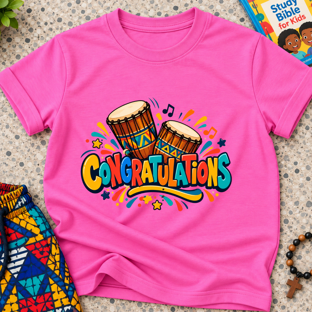 Congratulations Christian kids shirt in pink featuring colourful lettering and traditional Nigerian drums