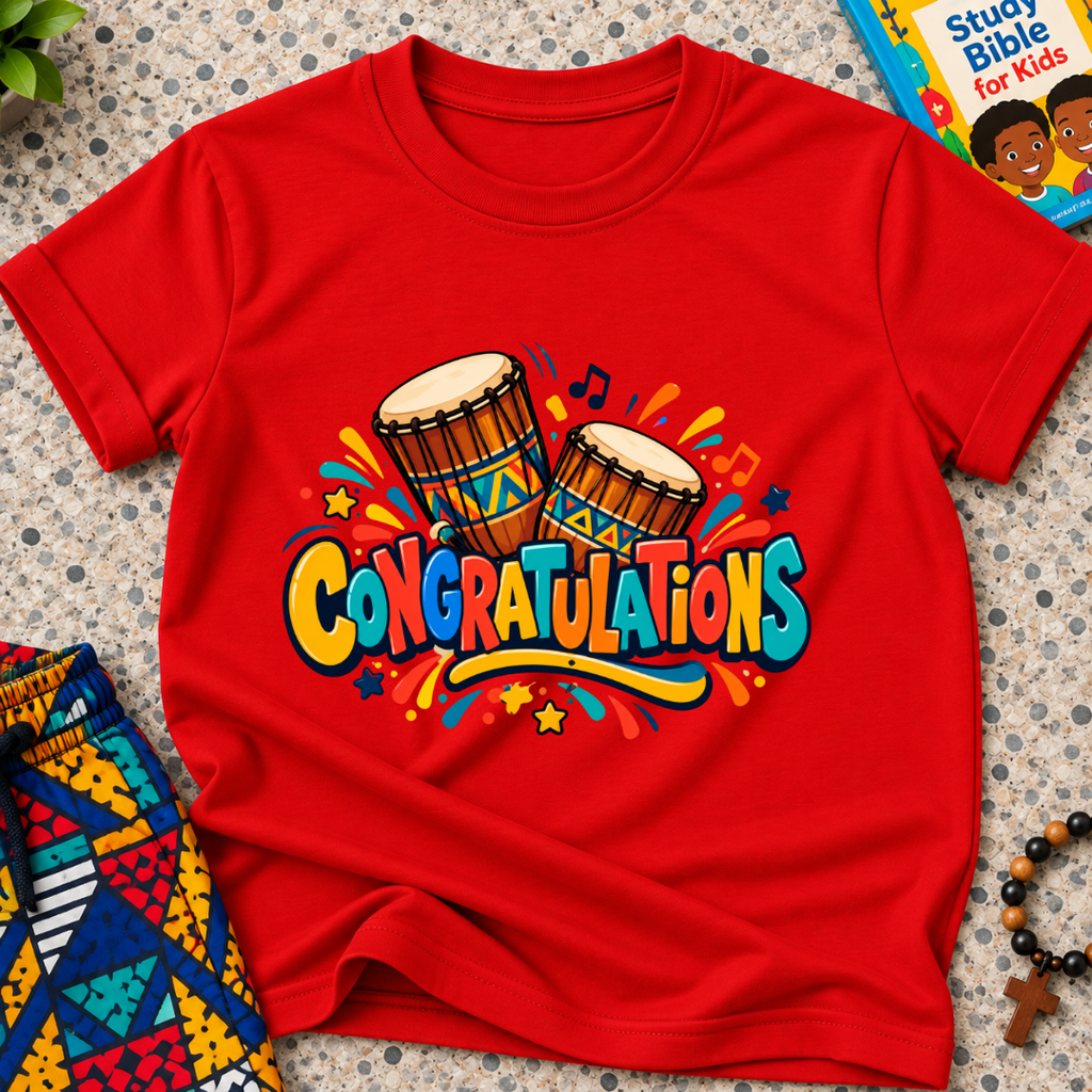 Congratulations Christian kids shirt in red featuring colourful lettering and traditional Nigerian drums