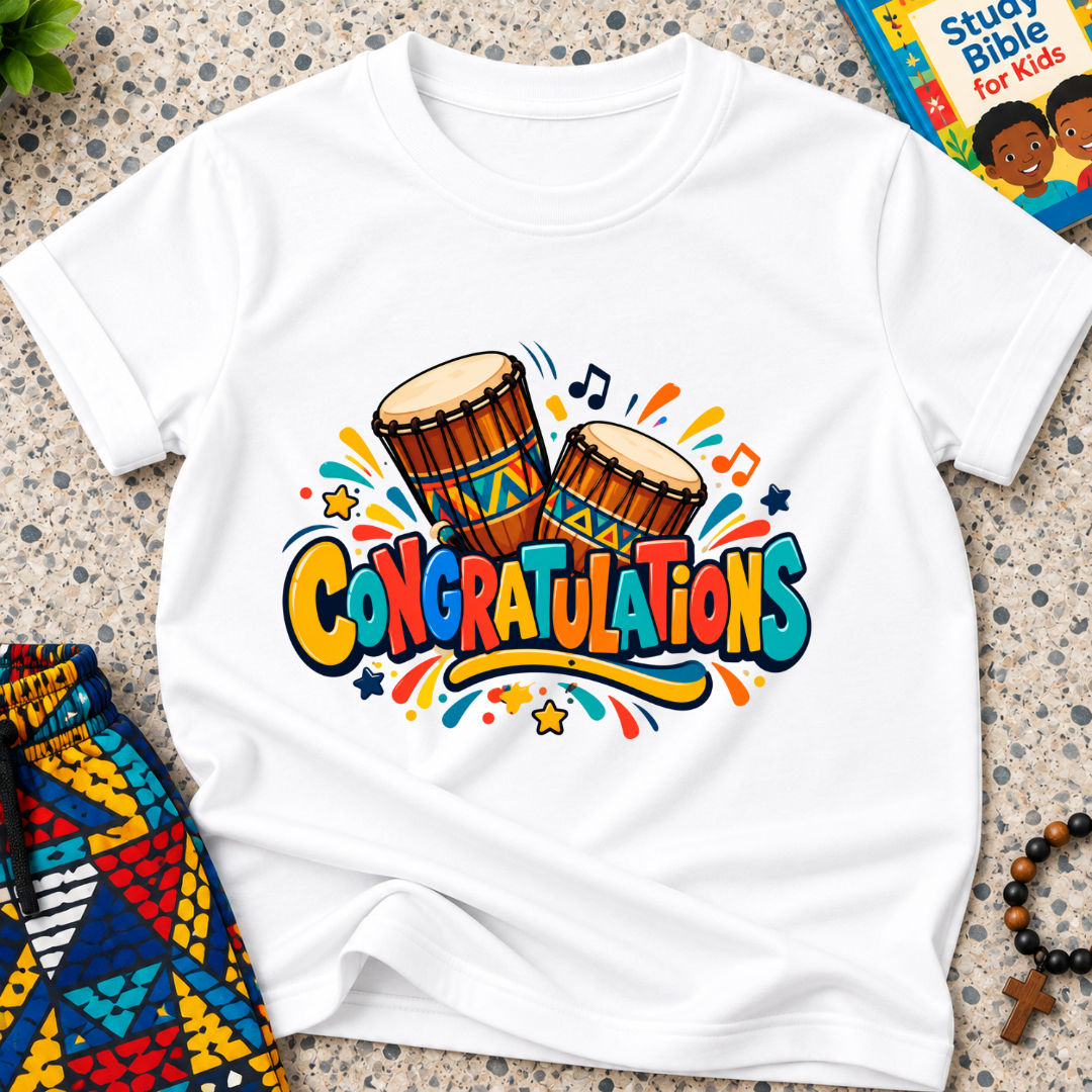 Congratulations Christian kids shirt in white featuring colourful lettering and traditional Nigerian drums