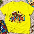 Congratulations Christian kids shirt in yellow featuring colourful lettering and traditional Nigerian drums
