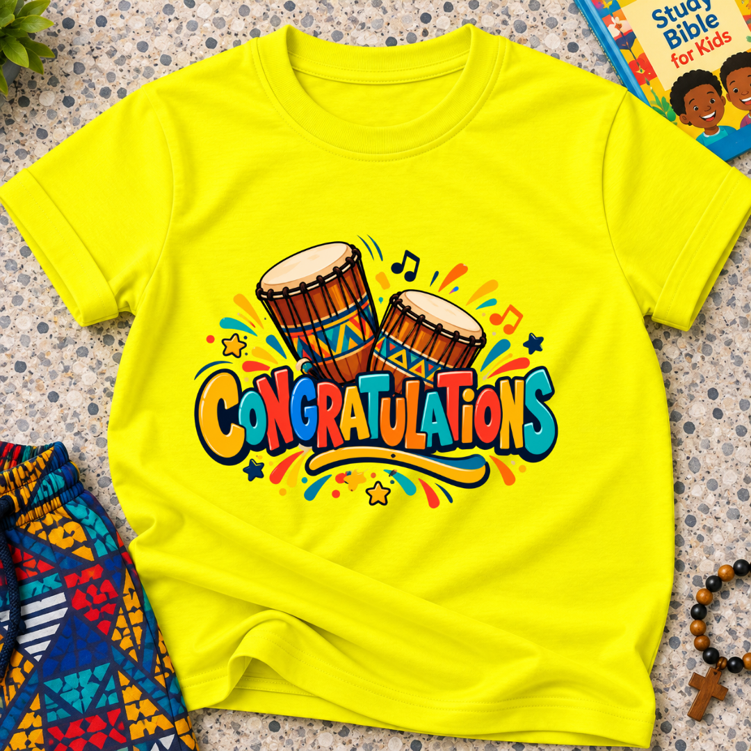 Congratulations Christian kids shirt in yellow featuring colourful lettering and traditional Nigerian drums
