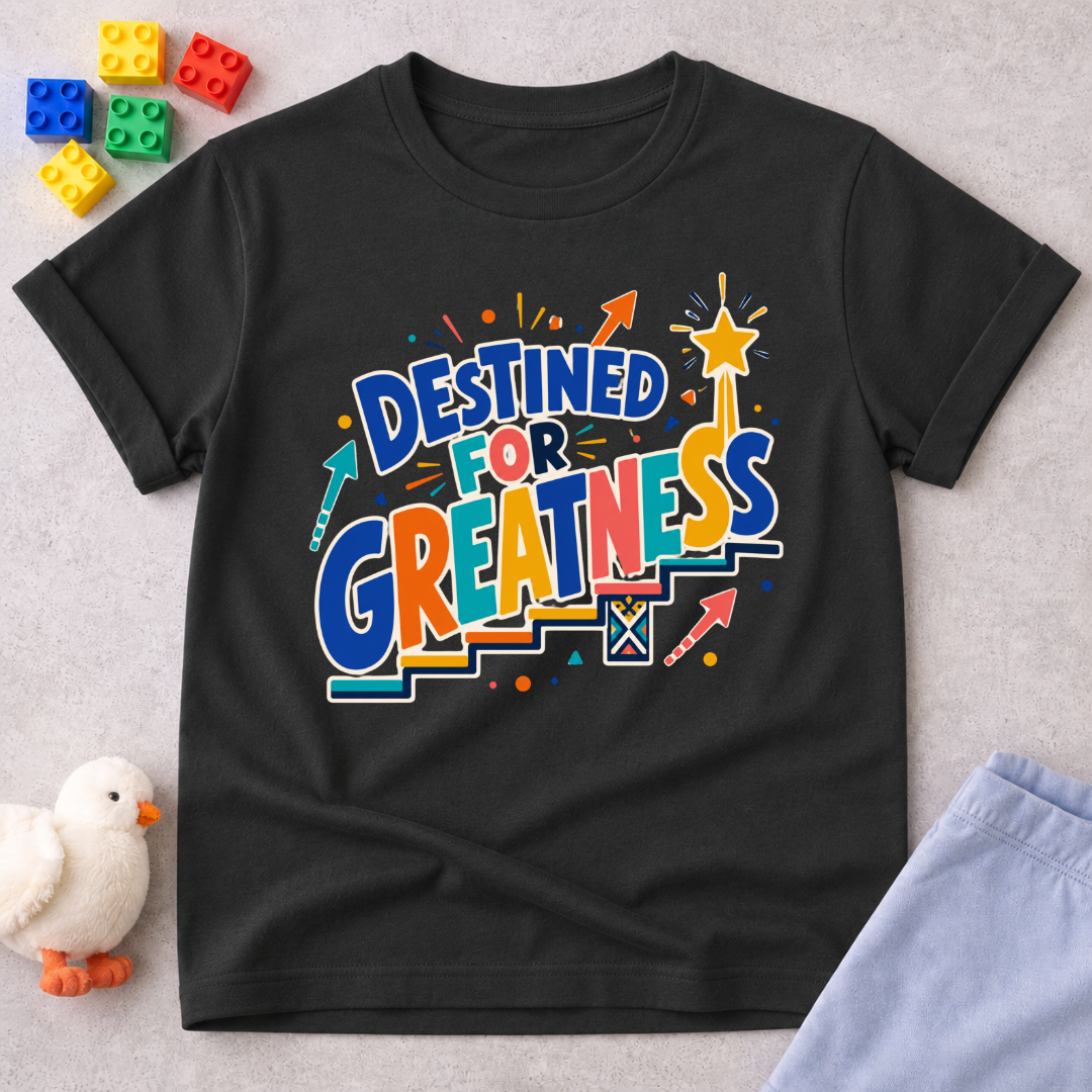 Destined for Greatness Christian kids shirt in black featuring bold colourful lettering and upward arrows
