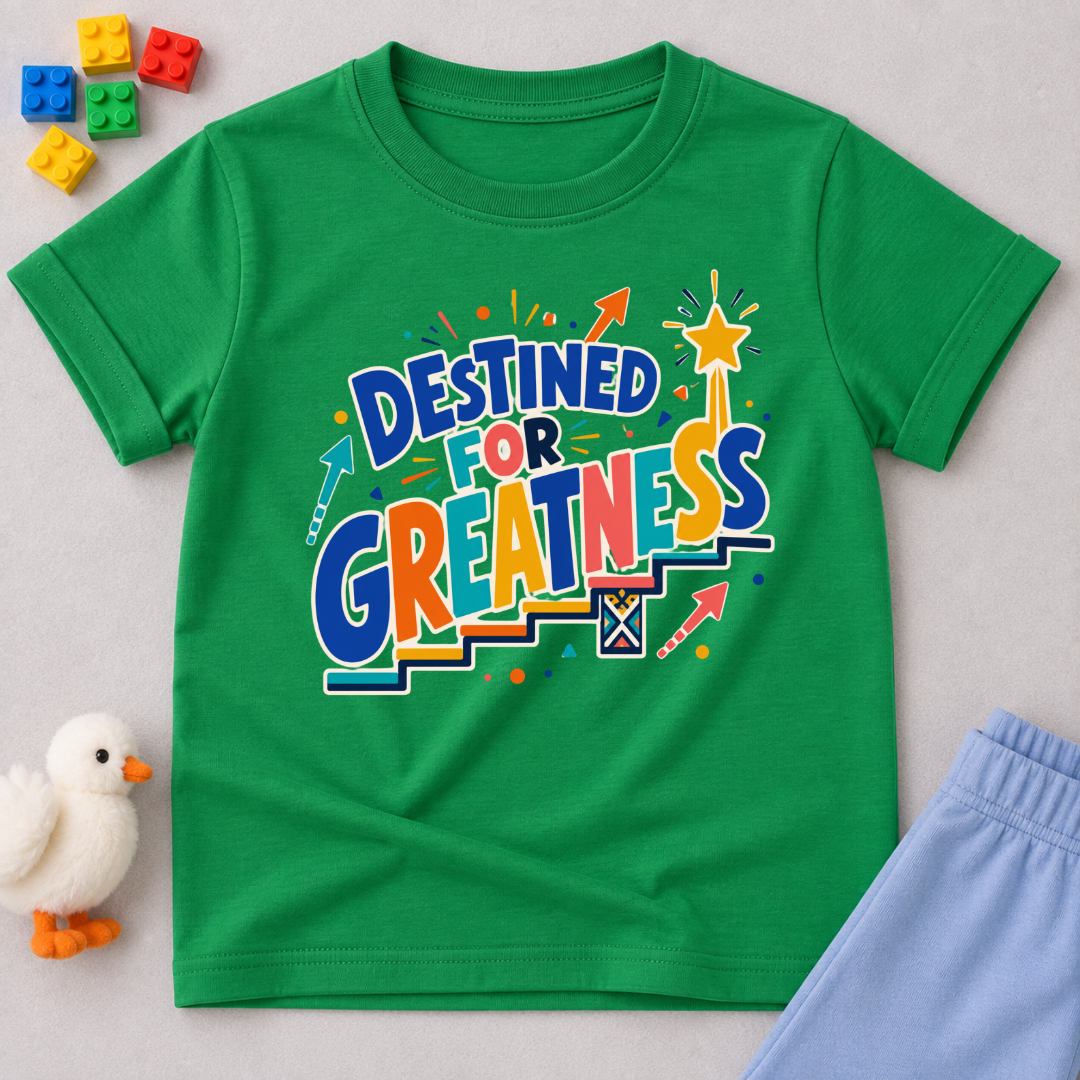 Destined for Greatness Christian kids shirt in green featuring bold colourful lettering and upward arrows
