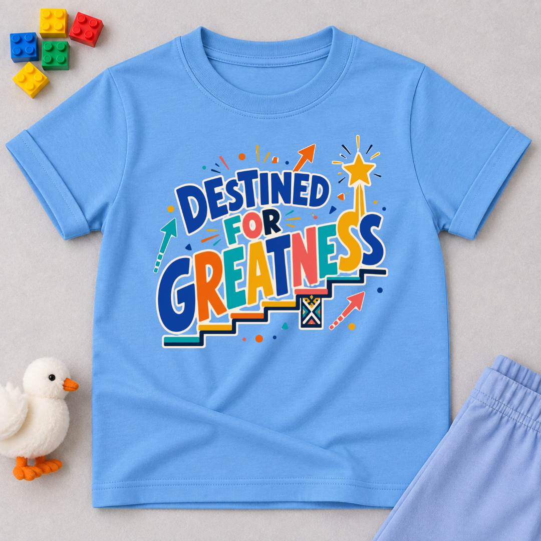 Destined for Greatness Christian kids shirt in light blue featuring bold colourful lettering and upward arrows
