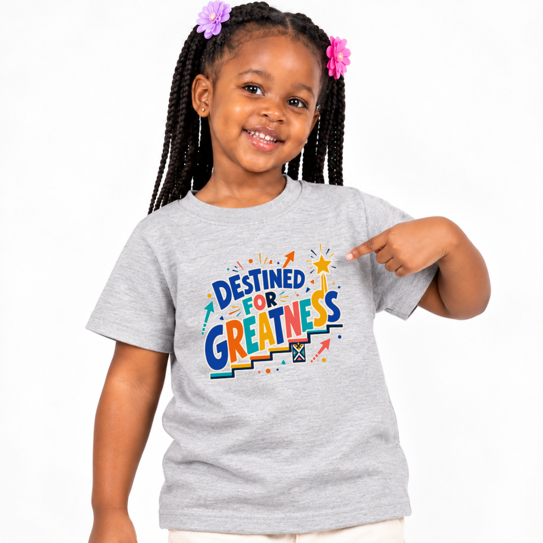 Destined for Greatness Christian kids shirt in light grey featuring bold colourful lettering and upward arrows
