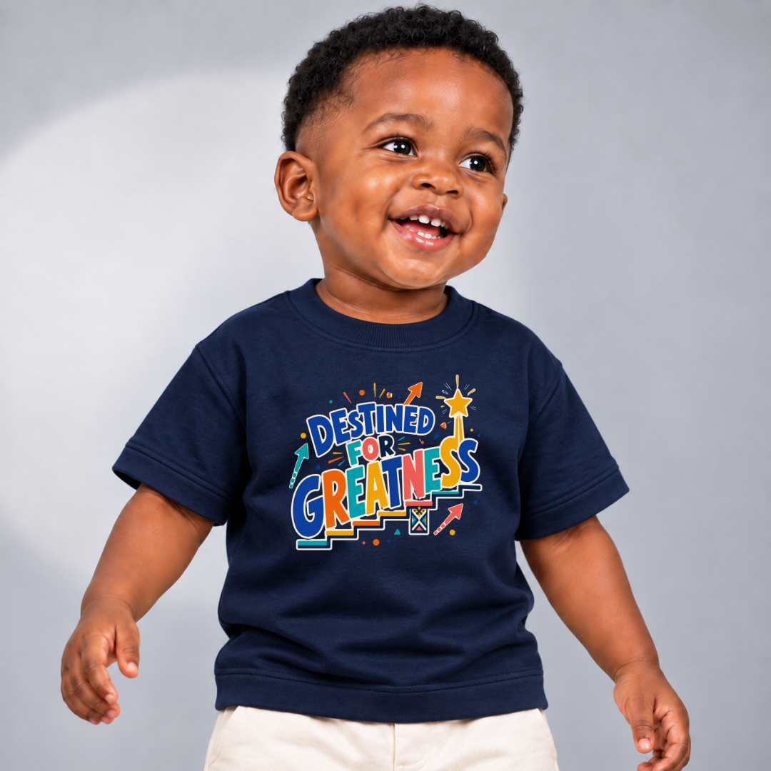Destined for Greatness Christian kids shirt in navy blue featuring bold colourful lettering and upward arrows
