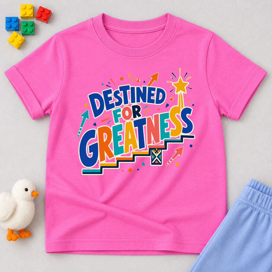 Destined for Greatness Christian kids shirt in pink featuring bold colourful lettering and upward arrows
