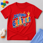 Destined for Greatness Christian kids shirt in red featuring bold colourful lettering and upward arrows

