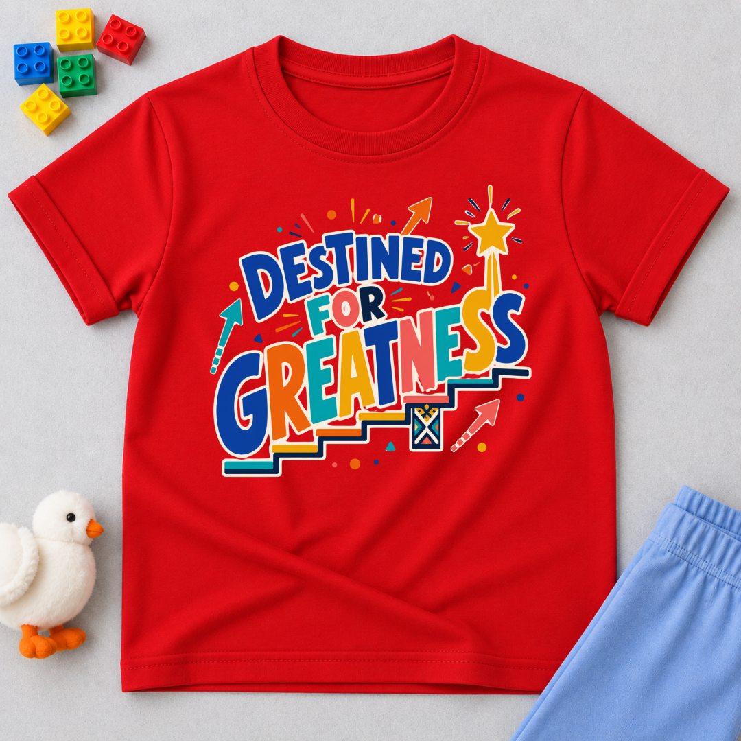 Destined for Greatness Christian kids shirt in red featuring bold colourful lettering and upward arrows
