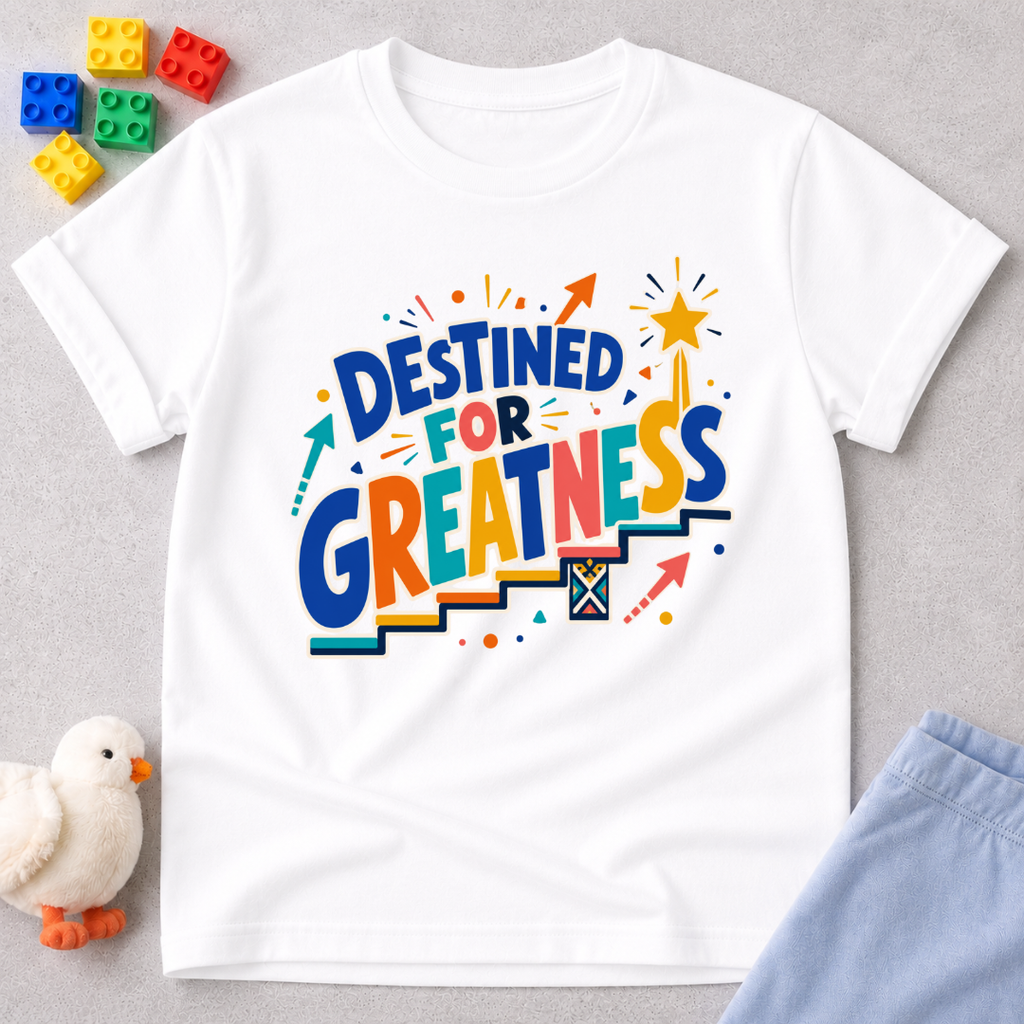 Destined for Greatness Christian kids shirt in white featuring bold colourful lettering and upward arrows
