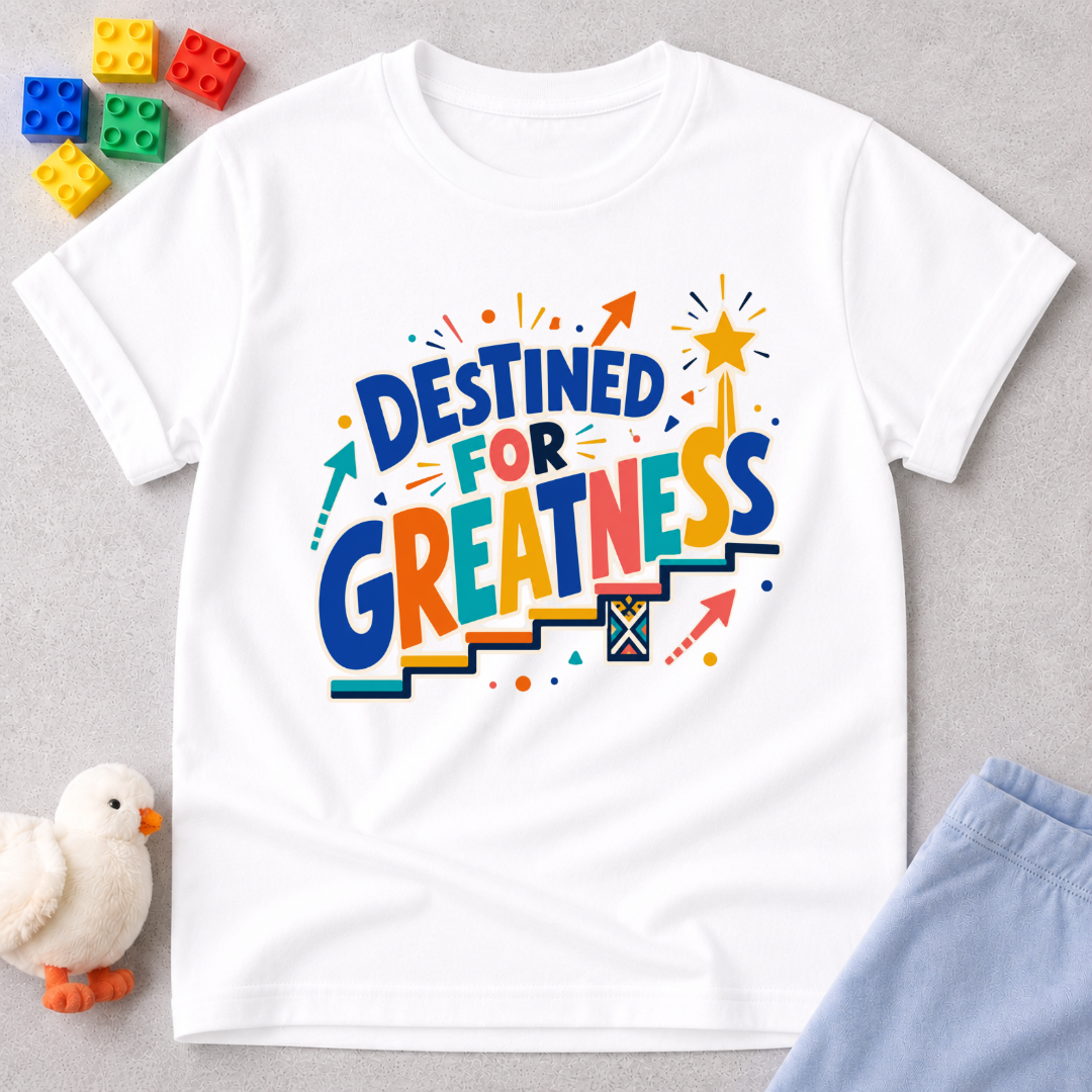 Destined for Greatness Christian kids shirt in white featuring bold colourful lettering and upward arrows
