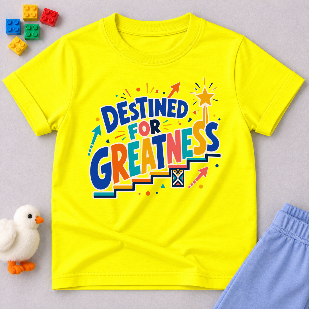 Destined for Greatness Christian kids shirt in yellow featuring bold colourful lettering and upward arrows
