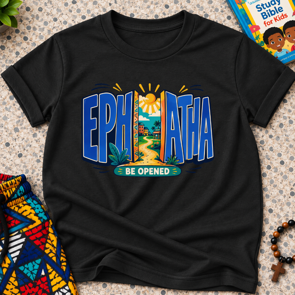 Ephphatha Be Opened Christian kids shirt in black featuring bold lettering, a radiant sun, and colourful illustrations
