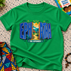 Ephphatha Be Opened Christian kids shirt in green featuring bold lettering, a radiant sun, and colourful illustrations
