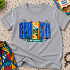 Ephphatha Be Opened Christian kids shirt in grey featuring bold lettering, a radiant sun, and colourful illustrations
