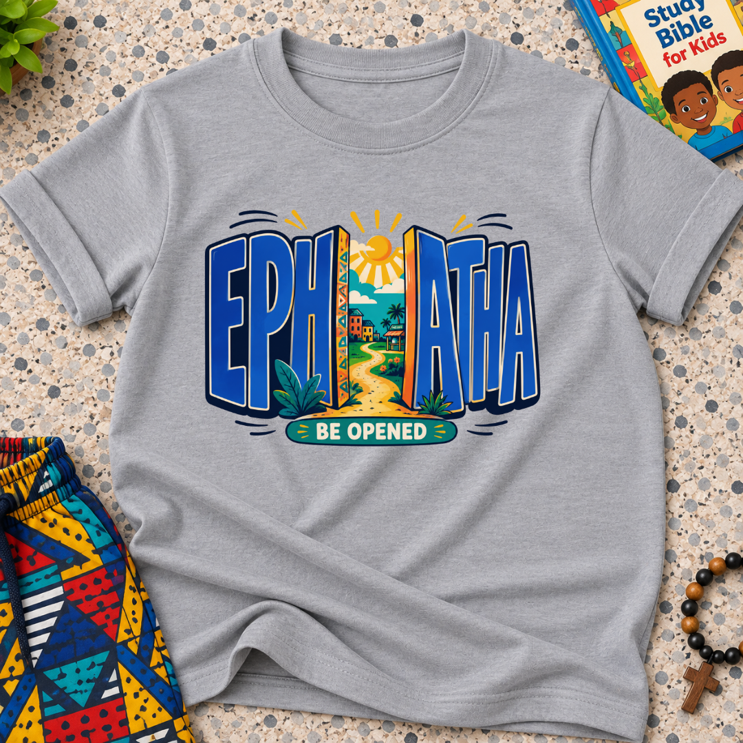 Ephphatha Be Opened Christian kids shirt in grey featuring bold lettering, a radiant sun, and colourful illustrations
