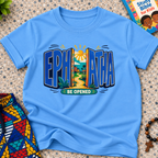 Ephphatha Be Opened Christian kids shirt in blue featuring bold lettering, a radiant sun, and colourful illustrations
