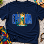Ephphatha Be Opened Christian kids shirt in navy blue featuring bold lettering, a radiant sun, and colourful illustrations

