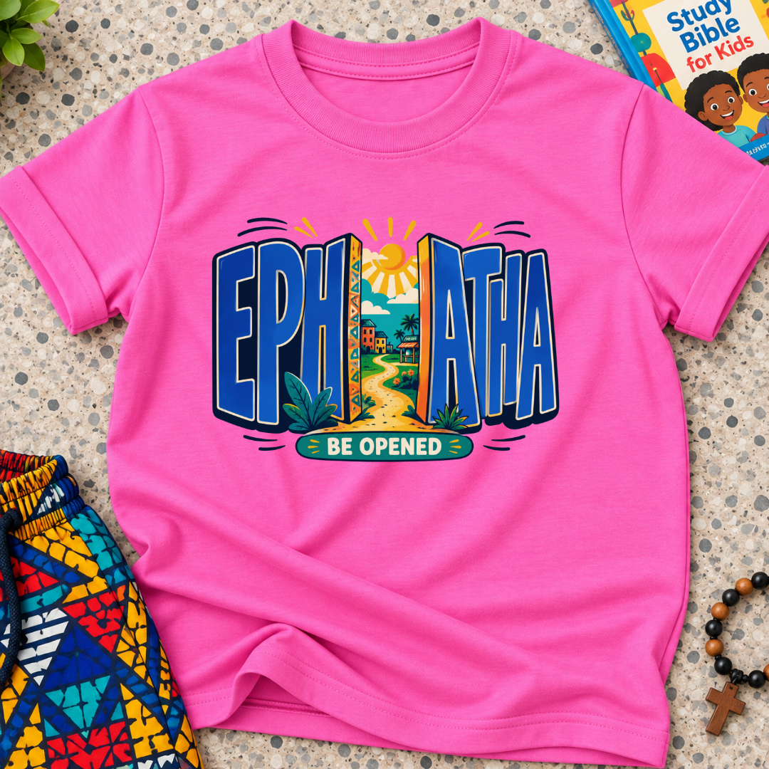 Ephphatha Be Opened Christian kids shirt in pink featuring bold lettering, a radiant sun, and colourful illustrations
