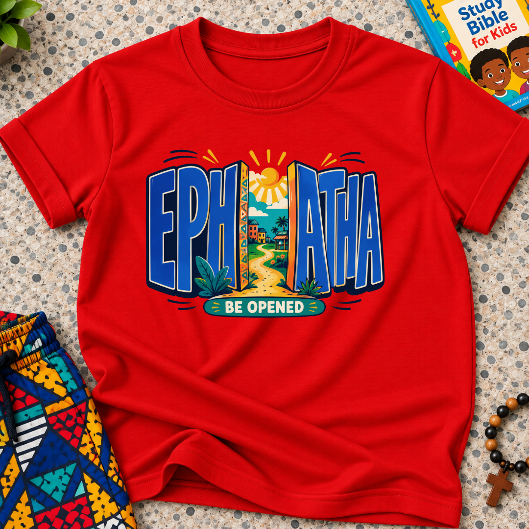 Ephphatha Be Opened Christian kids shirt in red featuring bold lettering, a radiant sun, and colourful illustrations
