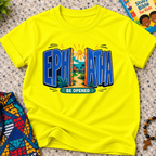 Ephphatha Be Opened Christian kids shirt in yellow featuring bold lettering, a radiant sun, and colourful illustrations
