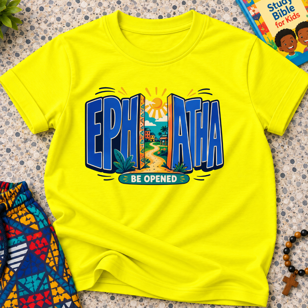 Ephphatha Be Opened Christian kids shirt in yellow featuring bold lettering, a radiant sun, and colourful illustrations
