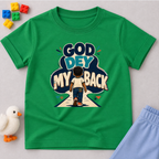 God Dey My Back Christian kids shirt in green featuring a child illustration and bold Nigerian Pidgin faith message
