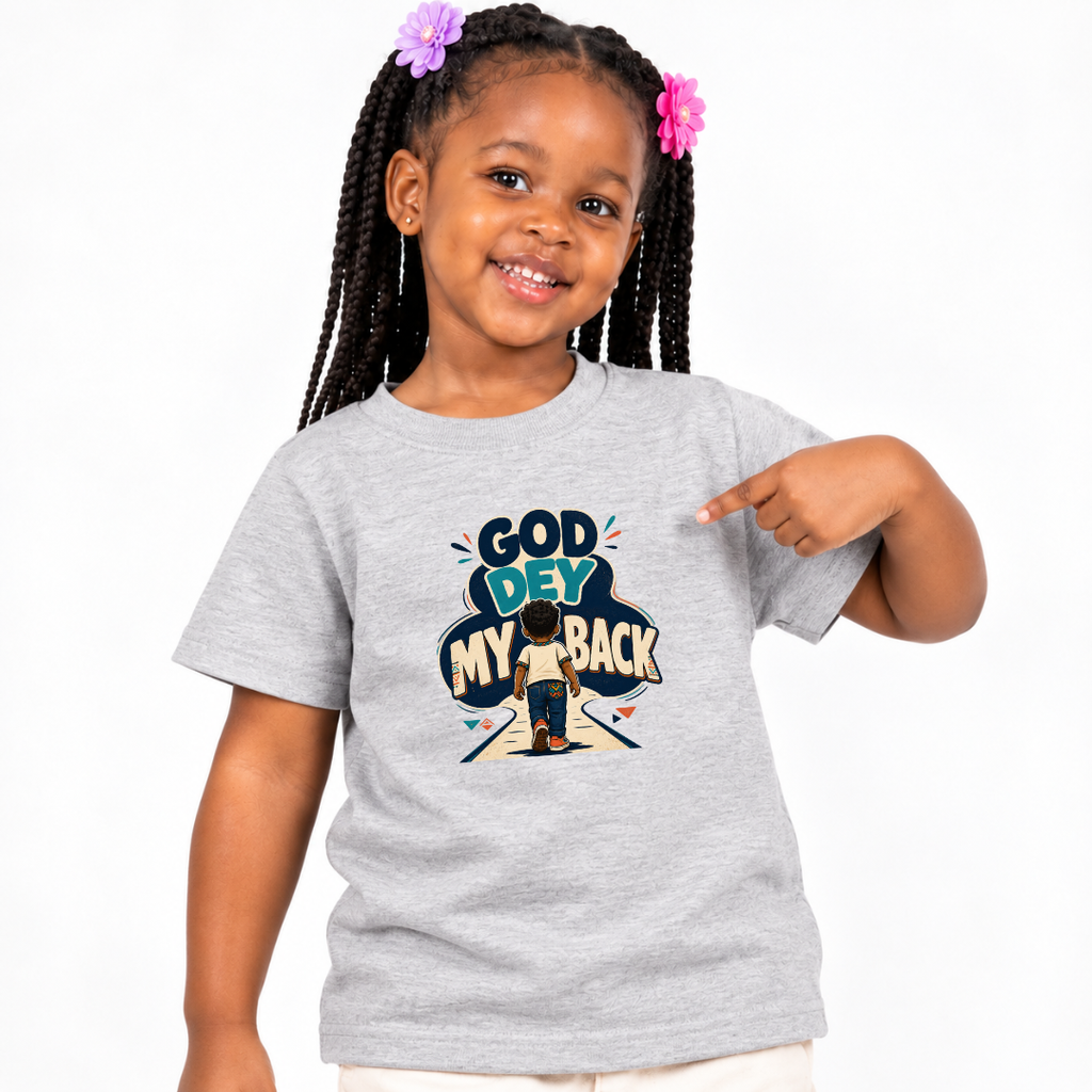 God Dey My Back Christian kids shirt in light grey featuring a child illustration and bold Nigerian Pidgin faith message
